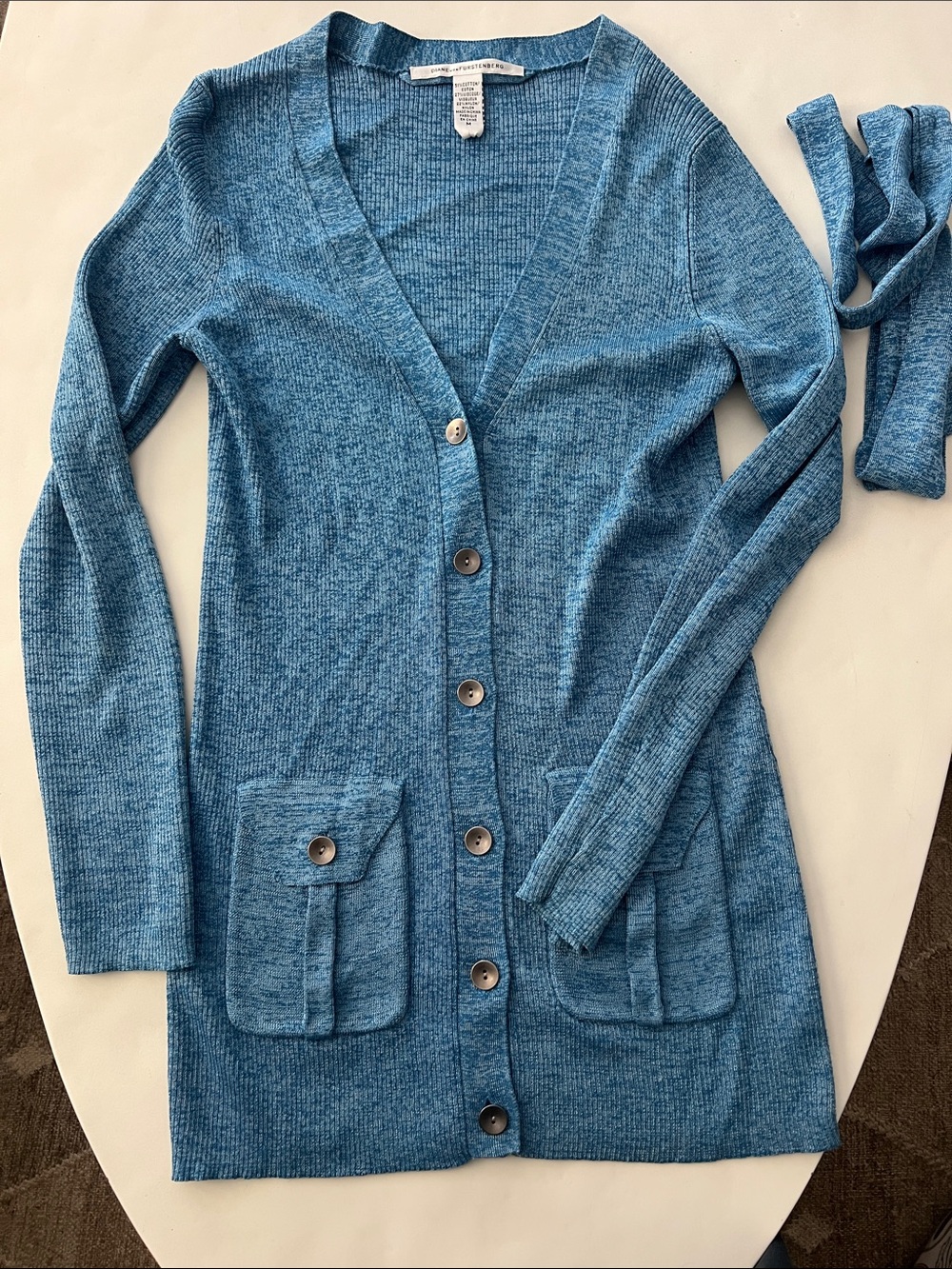 Diane Von Furstenberg VTG Longline Belted Cardigan Sweater Ribbed Teal Blue M